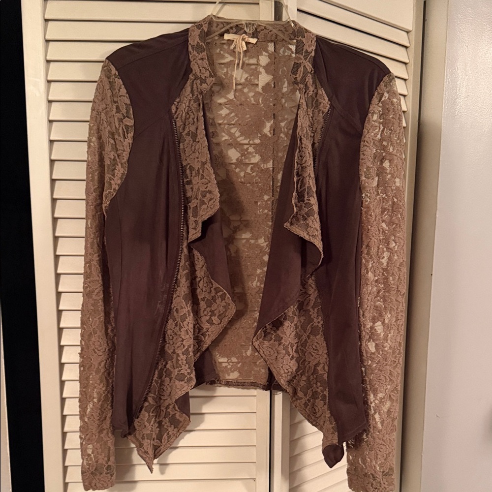 Mystree Taupe Lace & Brown Faux-Leather Draped Jacket
